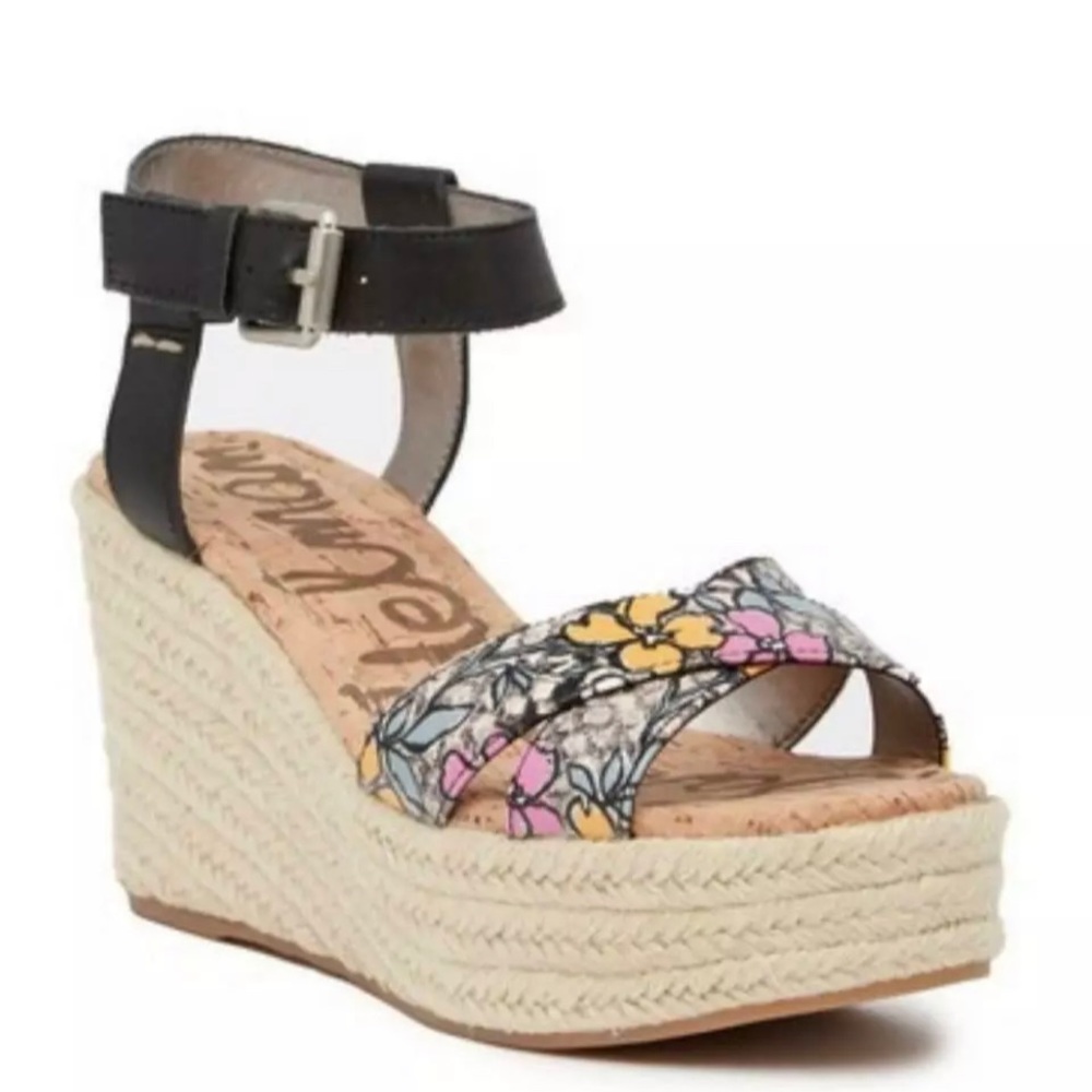 SAM EDELMAN Destin Leather Ankle Strap Wedge Espadrille Platform Sandals Floral